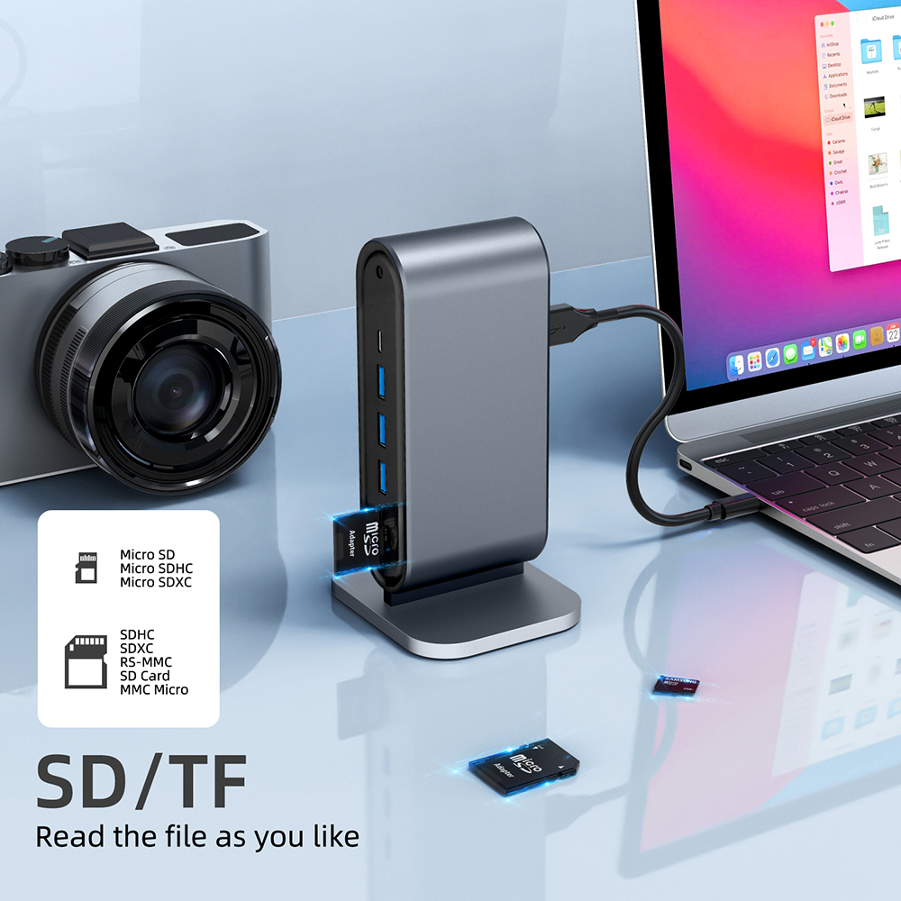 Adapter Type C na LAN Gb, SD card, TF, PD, Type C, 4xUSB 3.0, Audio, HDMI i VGA 12 u 1 sa postoljem