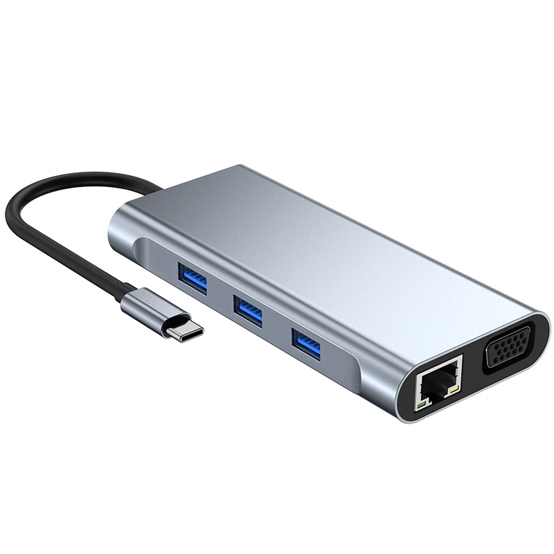Adapter Type C na LAN Gb, SD card, TF, Type C, 3xUSB 3.0, Audio, HDMI i VGA 10 u 1 20cm kabl