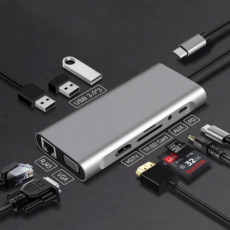 Adapter Type C na LAN Gb, SD card, TF, Type C, 3xUSB 3.0, Audio, HDMI i VGA 10 u 1 20cm kabl