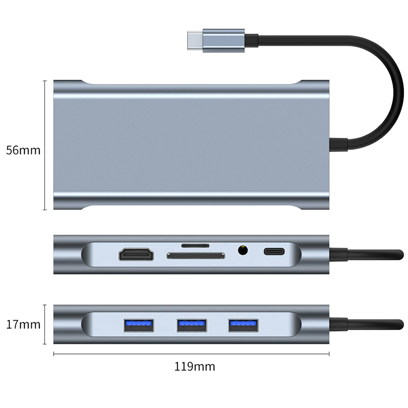 Adapter Type C na LAN Gb, SD card, TF, Type C, 3xUSB 3.0, Audio, HDMI i VGA 10 u 1 20cm kabl