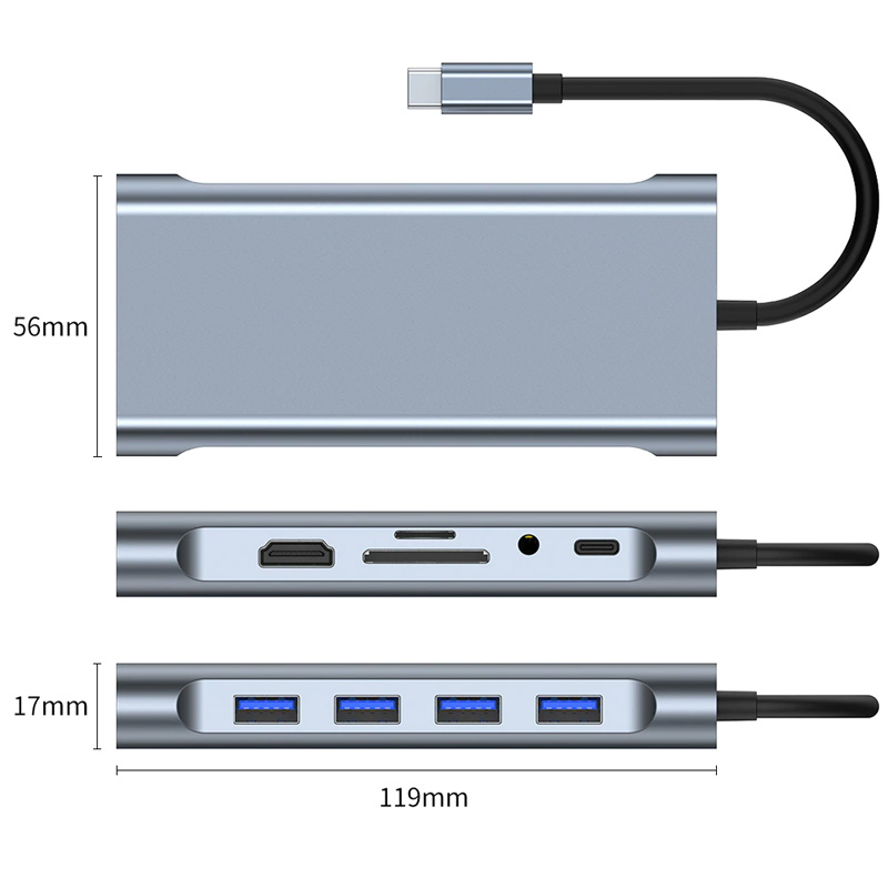 Adapter Type C na LAN Gb, SD card, TF, Type C, 4xUSB 3.0, Audio, HDMI i VGA 11 u 1 20cm kabl