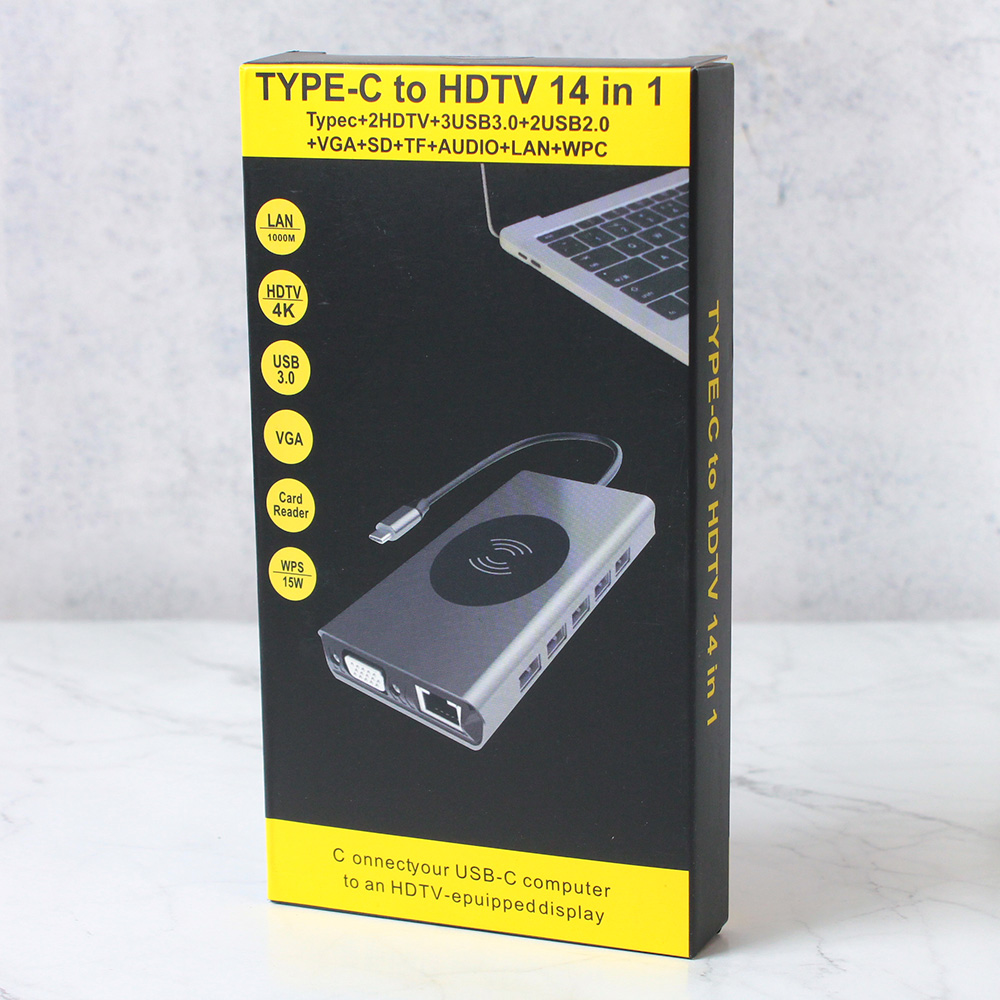 Adapter Type C na LAN Gb, Wireless PC, SD card, TF, Type C, 3xUSB 3.0, 2xUSB 2.0, Audio, 2xHDMI i VGA 14 u 1 20cm kabl