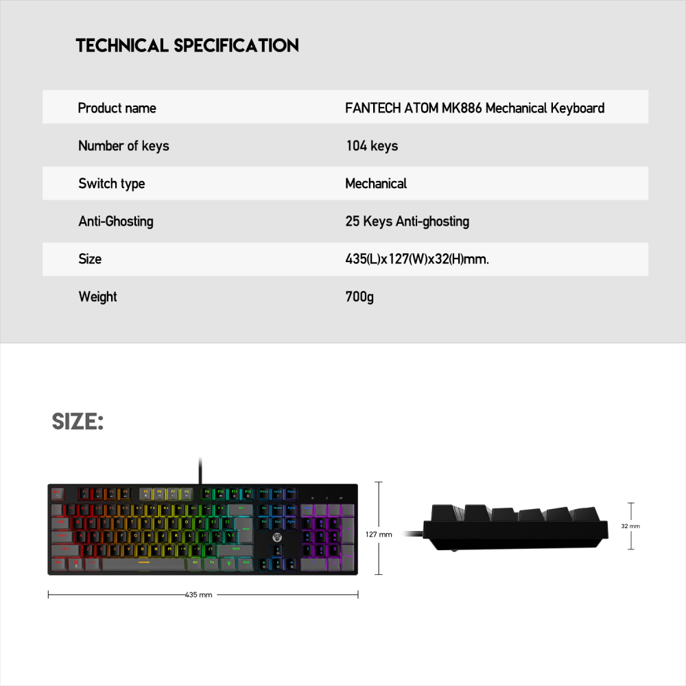Tastatura Mehanicka Gaming Fantech MK886 RGB Atom crna (Red switch)