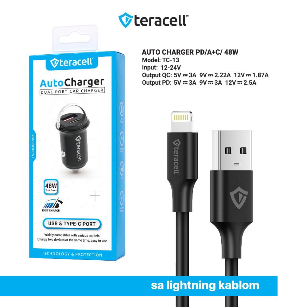 Auto punjac Teracell Evolution TC-13 PD 30W + USB QC3.0 18W, 48W (total) sa Lightning kablom crni