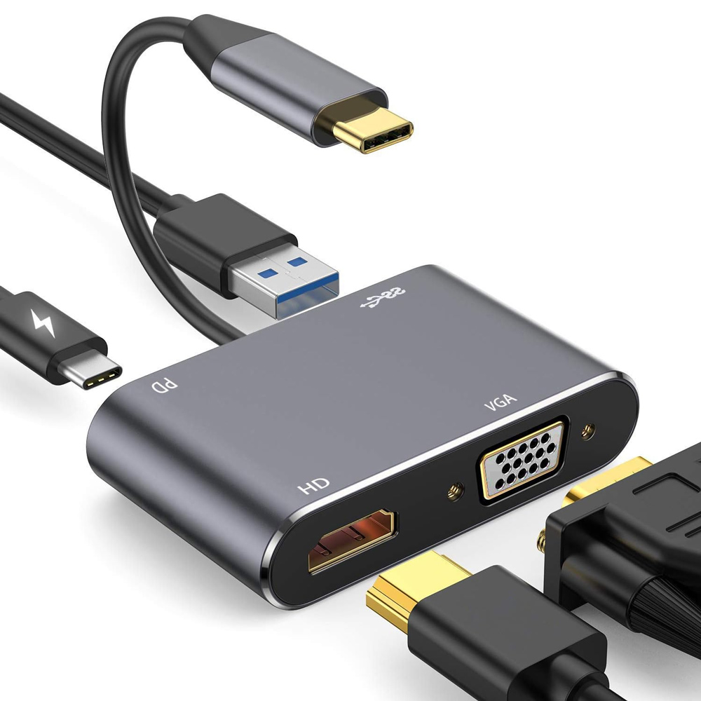Adapter Type C na HDMI VGA PD USB3.0 4 u 1 sivi