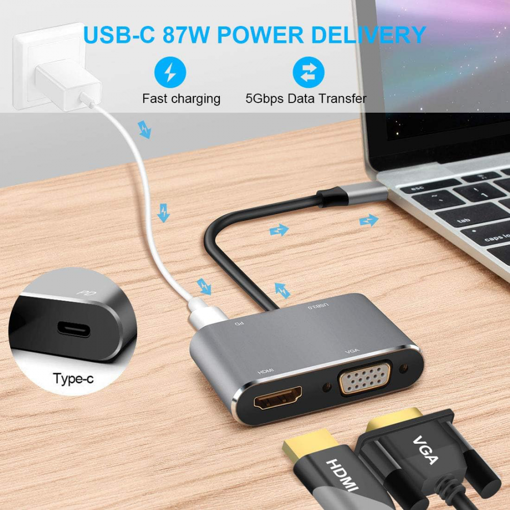 Adapter Type C na HDMI VGA PD USB3.0 4 u 1 sivi