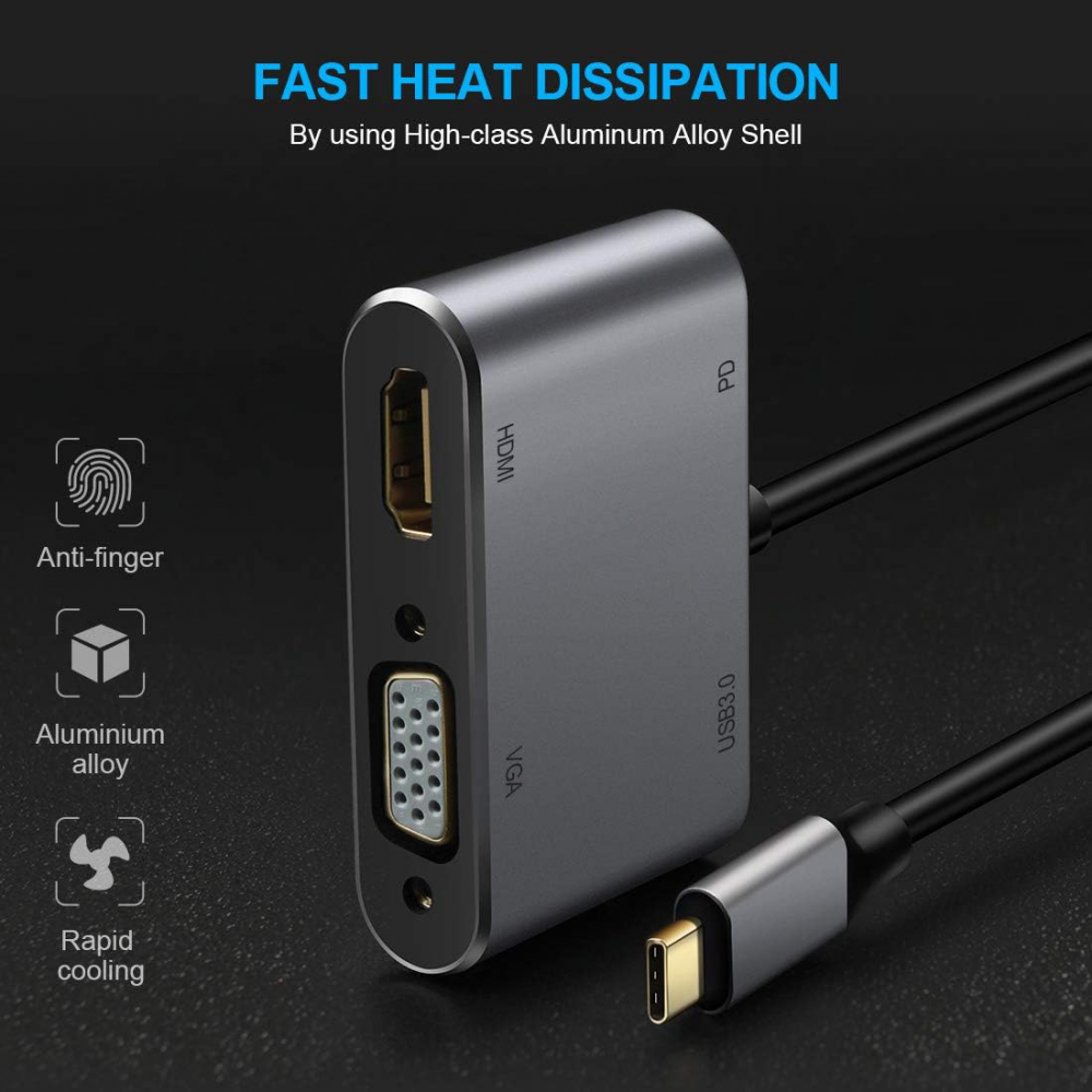 Adapter Type C na HDMI VGA PD USB3.0 4 u 1 sivi