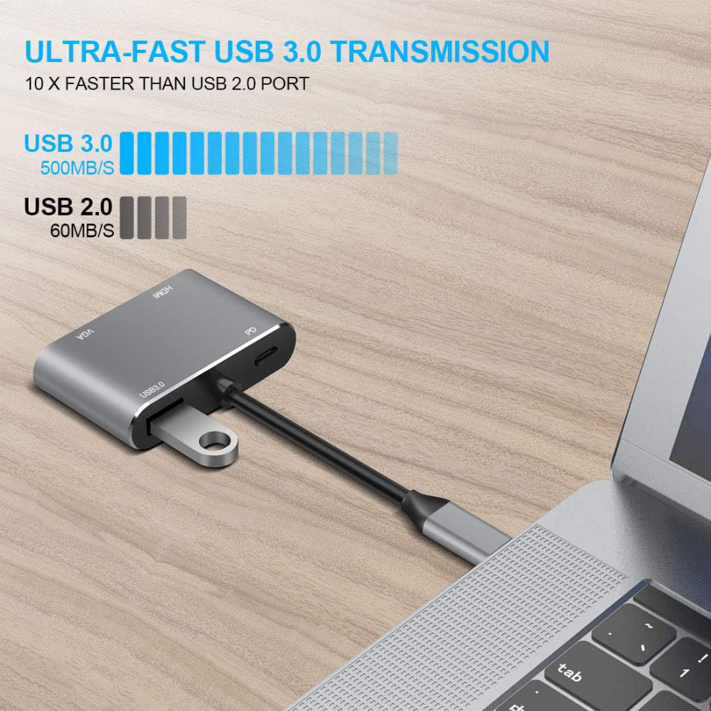 Adapter Type C na HDMI VGA PD USB3.0 4 u 1 sivi