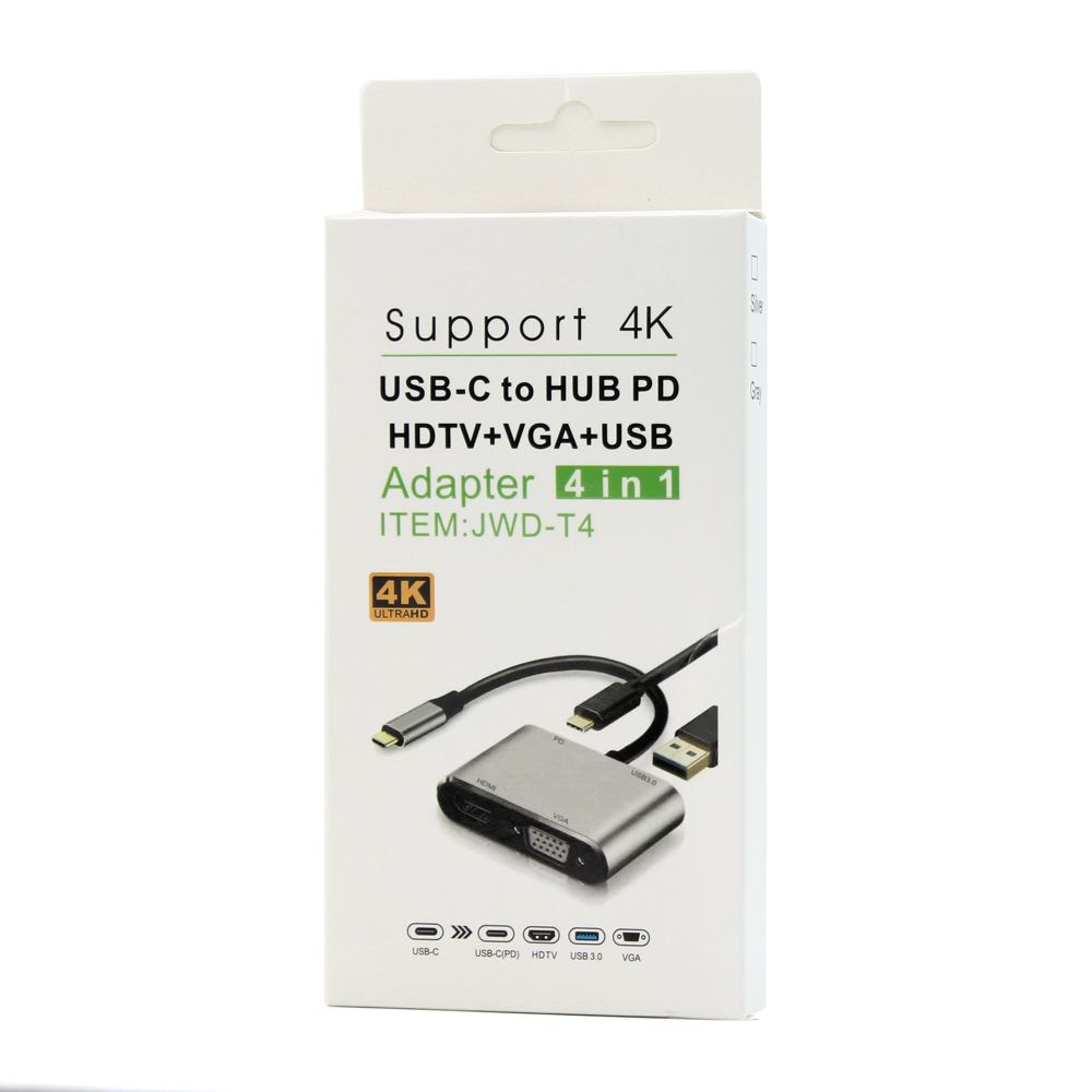 Adapter Type C na HDMI VGA PD USB3.0 4 u 1 sivi