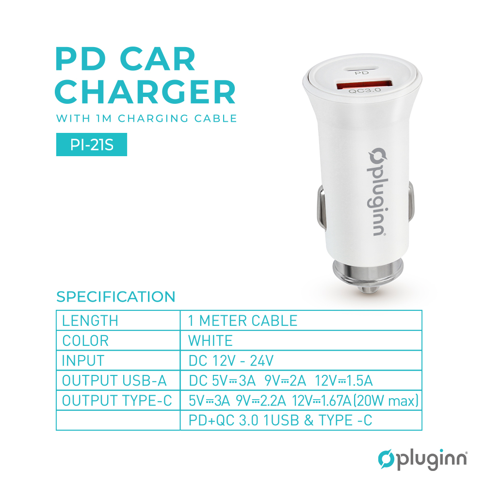 Auto punjac Pluginn PI-21S, PD 20W, QC 3.0 18W, sa lightning kablom beli