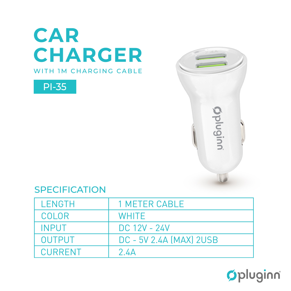 Auto punjac Pluginn PI-35 2xUSB, 2.4A  sa Type C kablom beli
