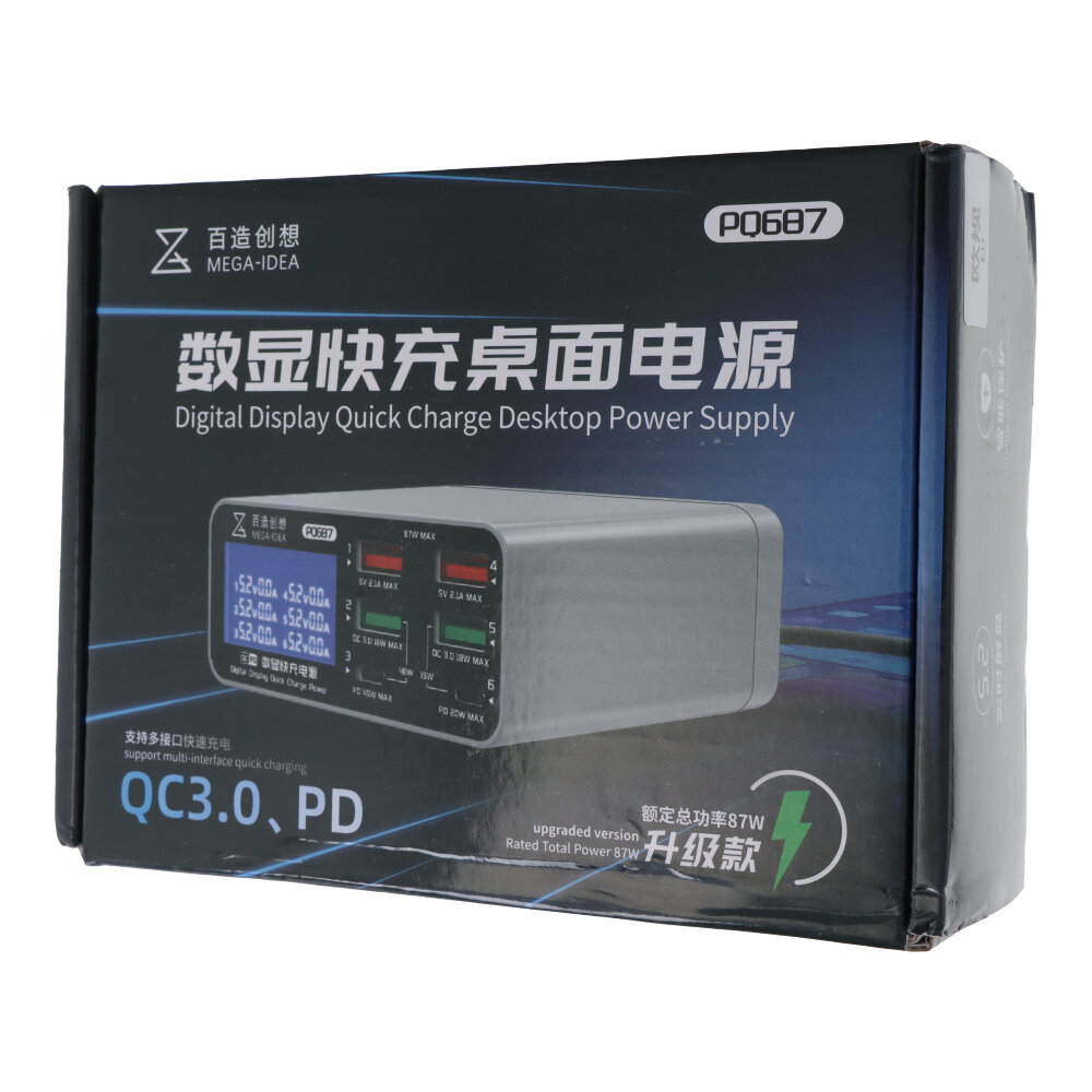 Mega-Idea multifunkcionalni desktop punjac sa PQ687 (87W,Display, Fast charging, 6 port)