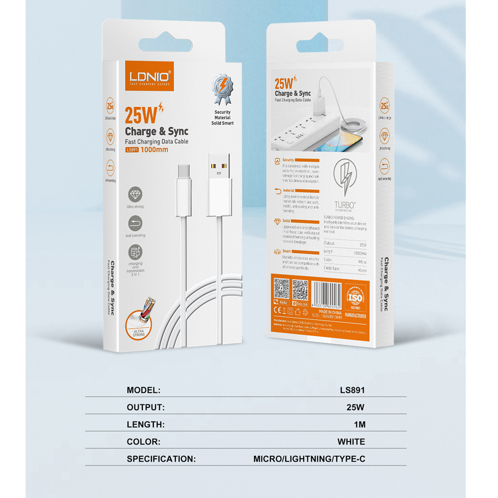 Data kabl LDNIO LS891 25W Fast Type C beli 1m