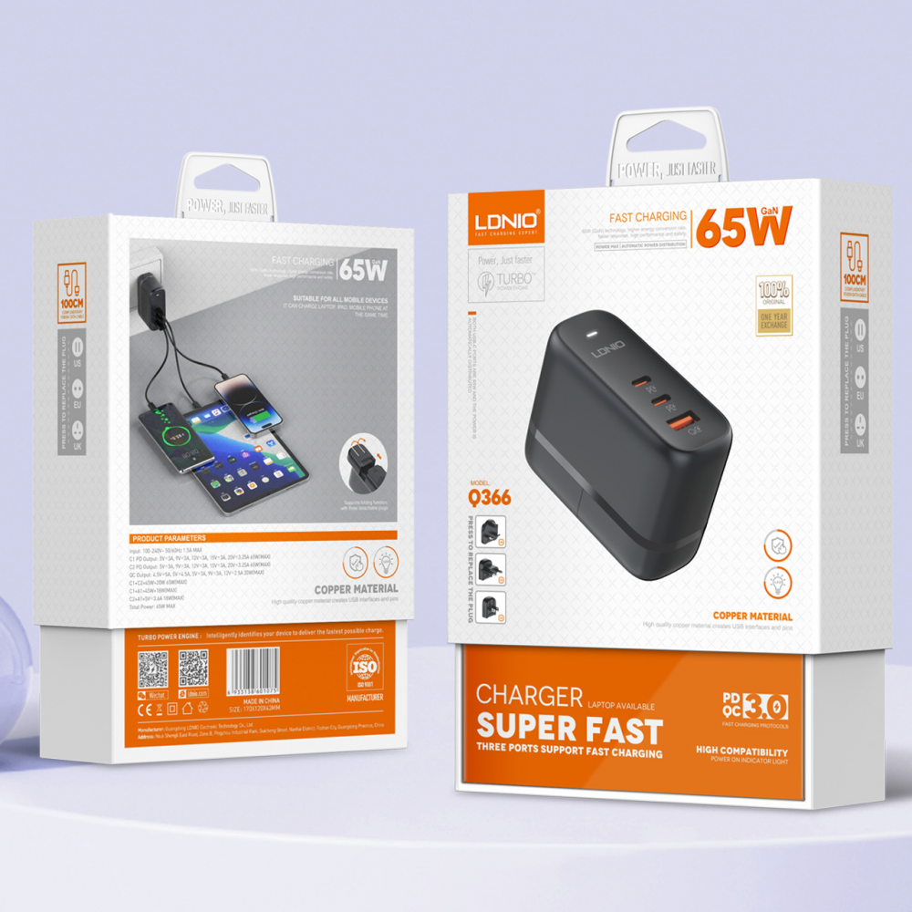 Kucni punjac sa adapterima LDNIO Q366 GaN QC3.0, 2xPD3.0 PPS 65W sa Type C na Type C kablom crni