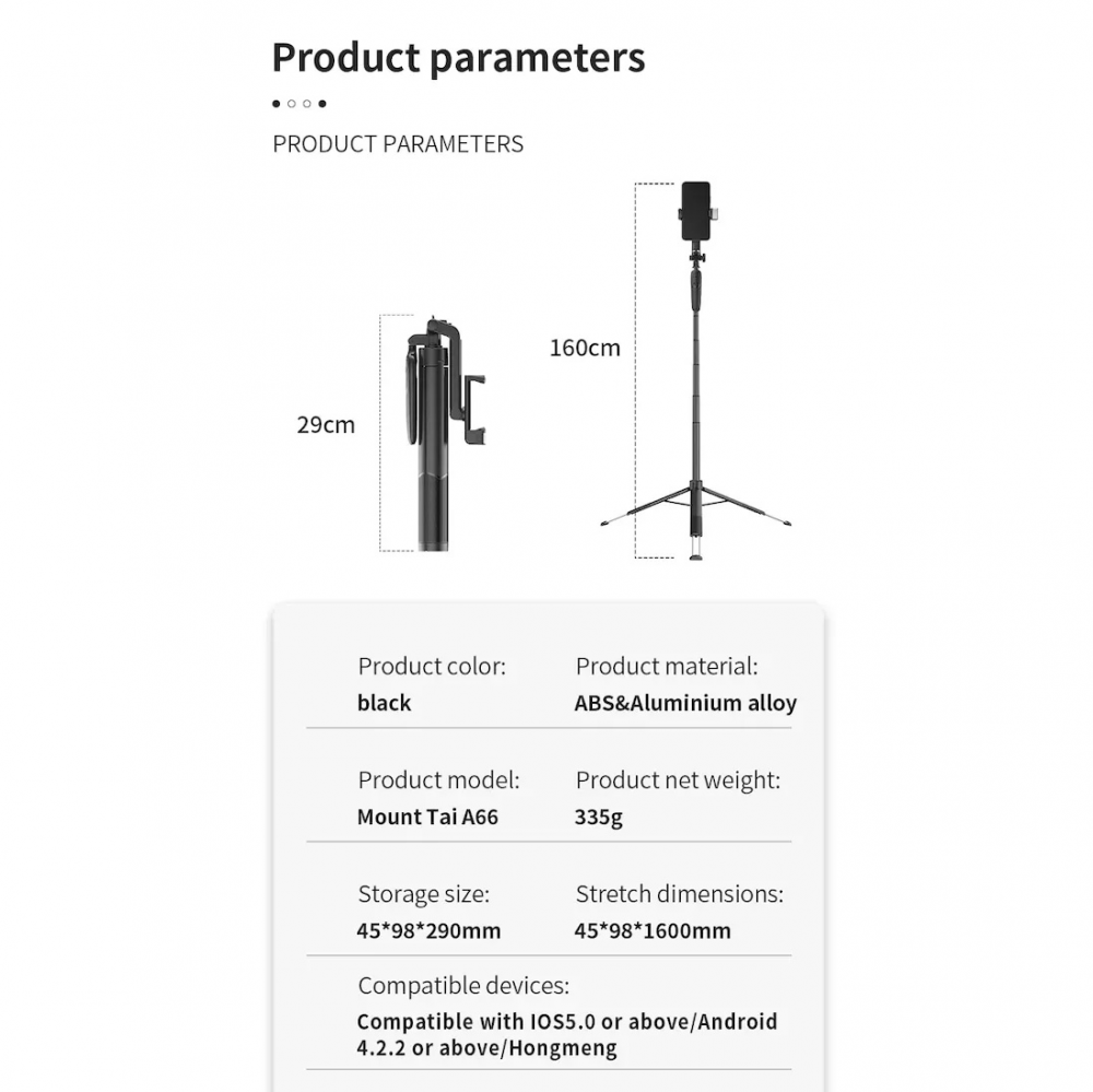 Selfie stick A66 + tripod crni