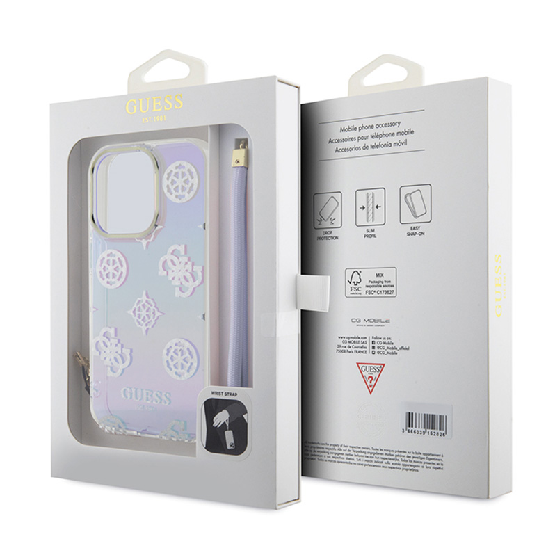 Torbica Guess Hc PC TPU Iridescent Glitter Pattern Peony Cordstrap za iPhone 15 Pro 6.1 ljubicasta (GUHCP15LHPELISU)