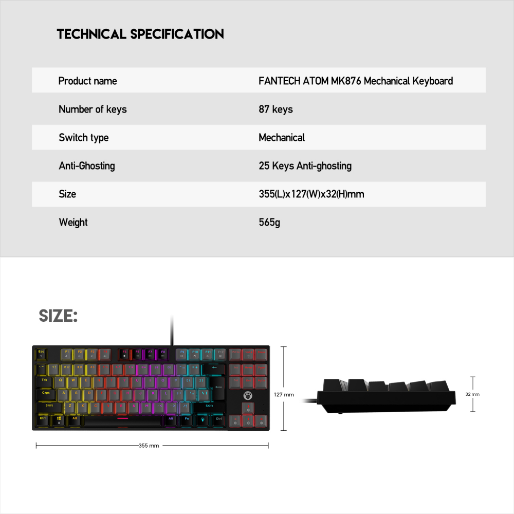 Tastatura Mehanicka Gaming Fantech MK876 RGB Atom TKL siva (Blue switch)