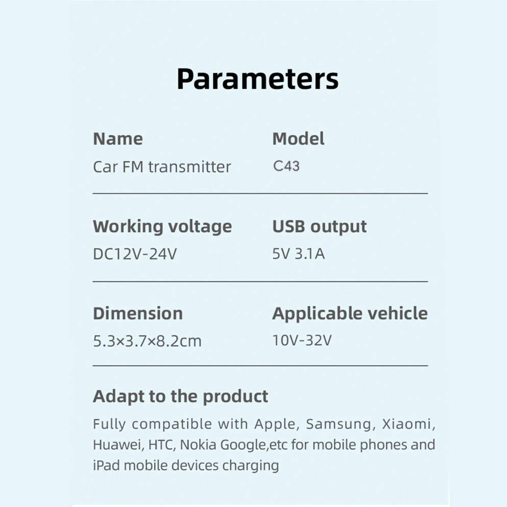 FM transmiter C43 USB, QC 3.0 Bluetooth 5.0, handsfree crni