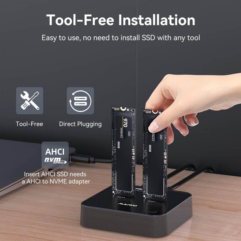Docking station MAIWO K3016P2, Type C 3.2 na 2x M.2 NVMe clone crni