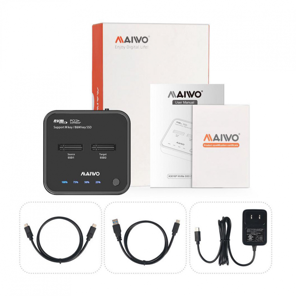 Docking station MAIWO K3016P2, Type C 3.2 na 2x M.2 NVMe clone crni