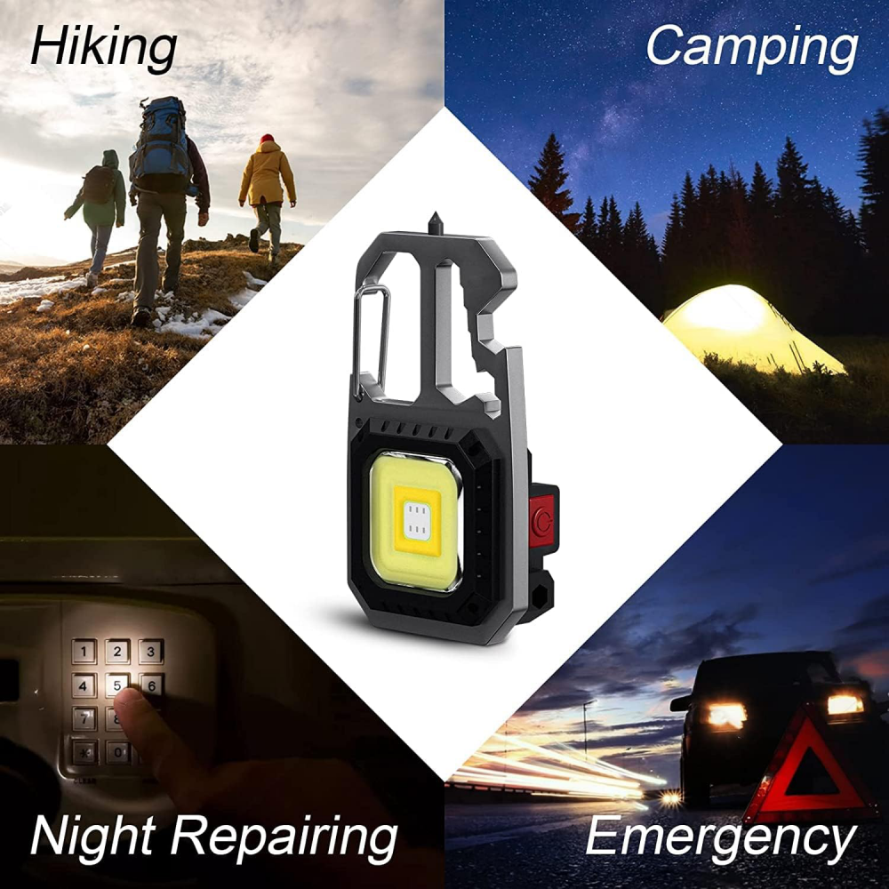 LED lampa privezak, otvarac za flase, univerzalni kljuc sa razbijacem stakla i srafcigerima, crna