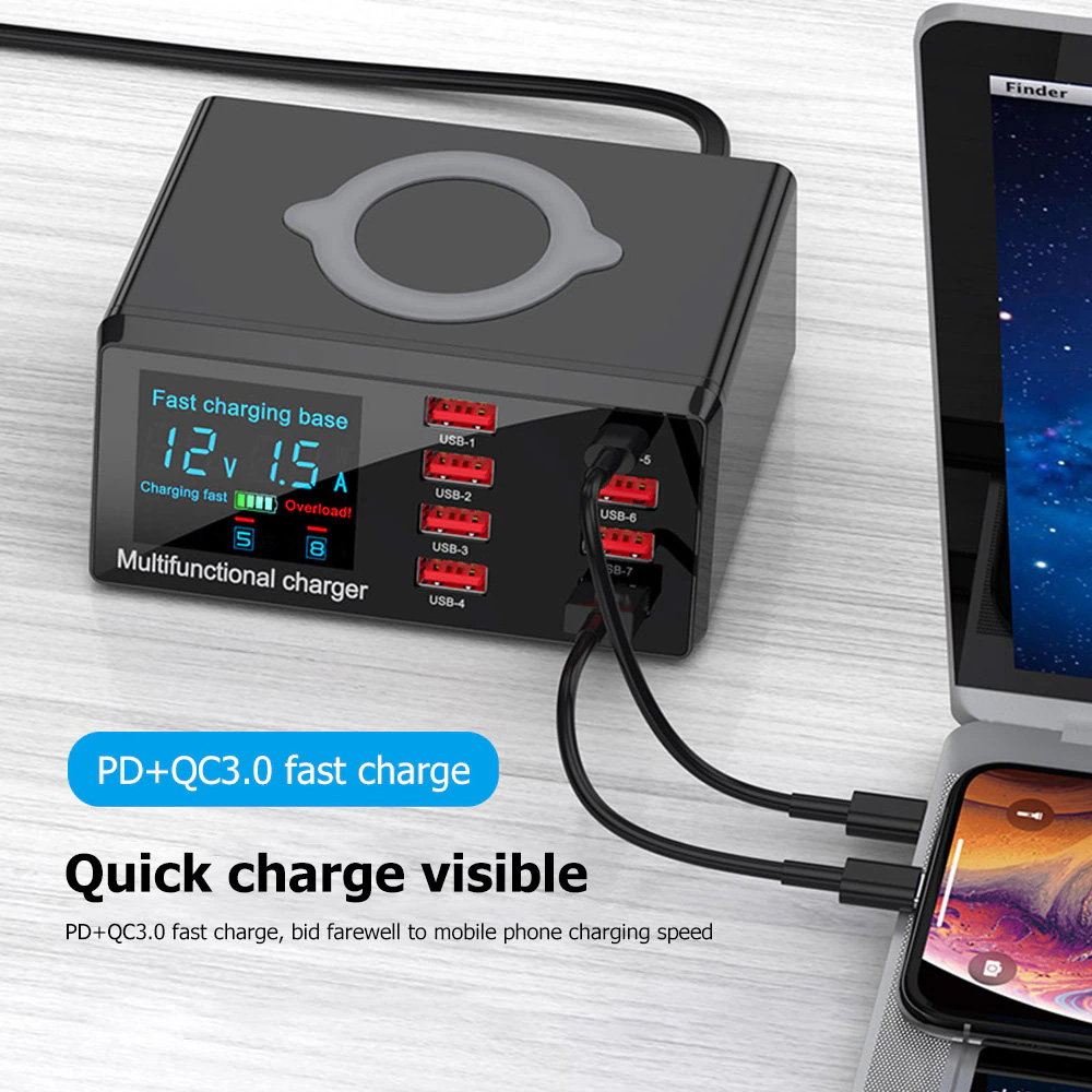 Multi USB punjac WLX-X9 sa LCD-om/8 USB portova+Wireless punjac crni