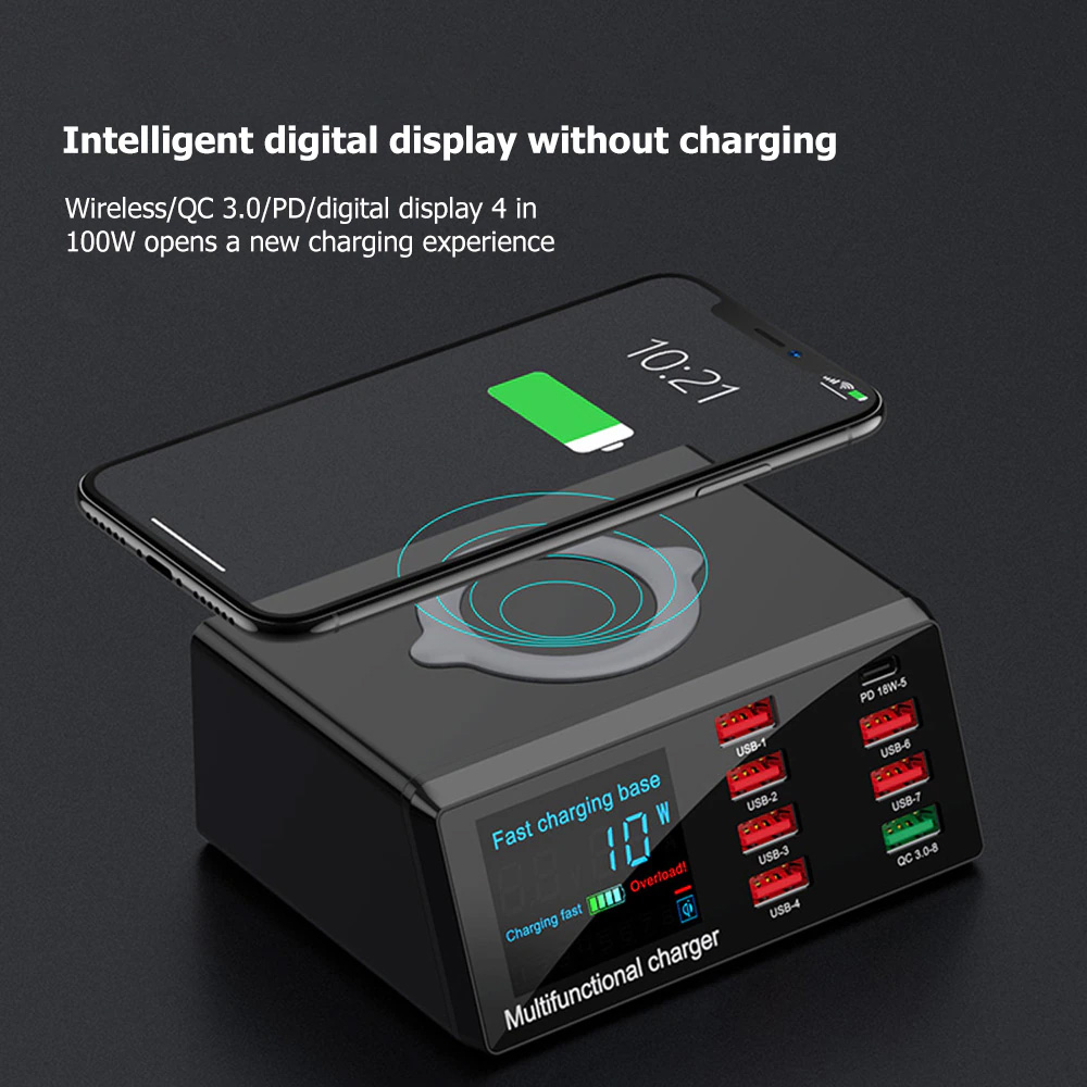 Multi USB punjac WLX-X9 sa LCD-om/8 USB portova+Wireless punjac crni