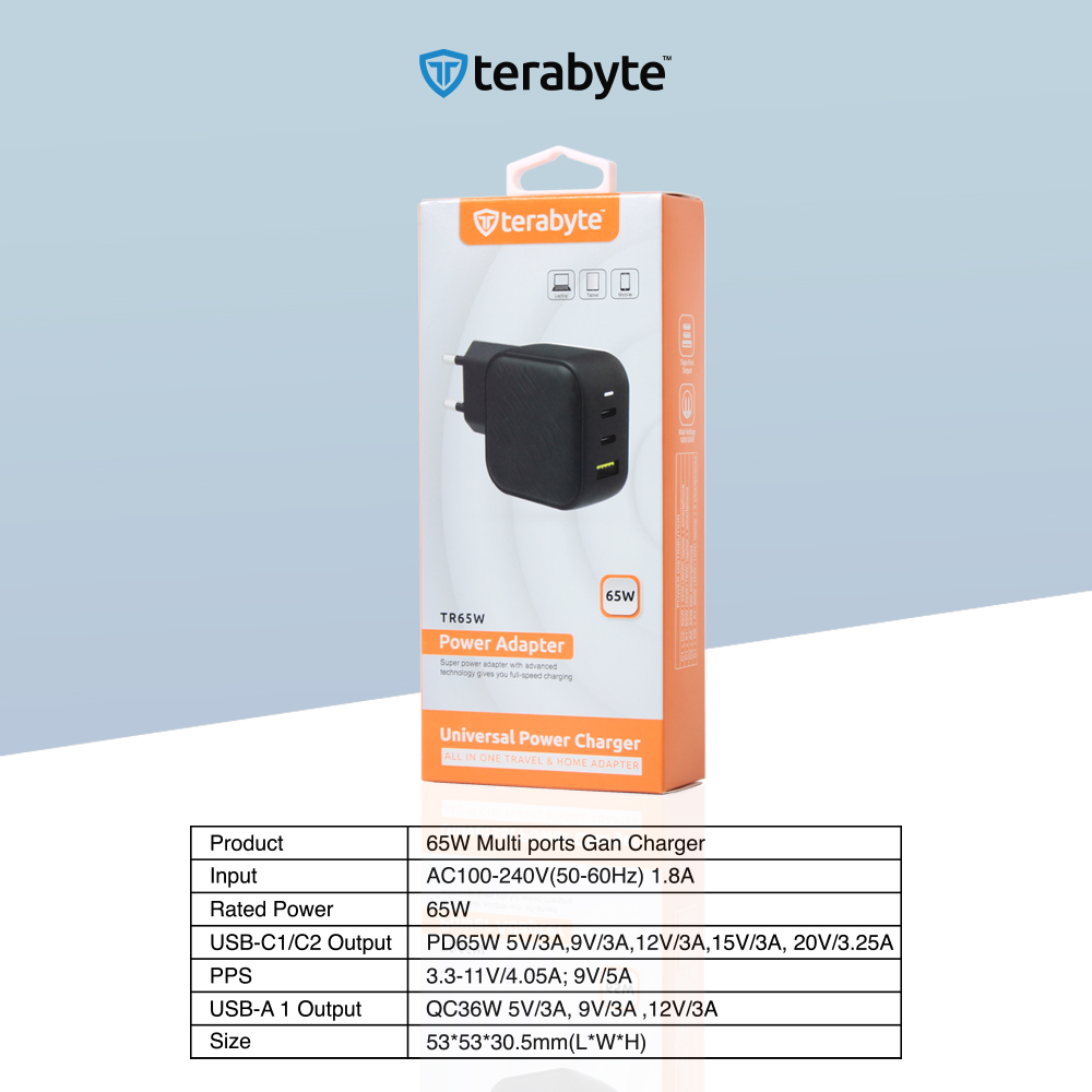 Punjac univerzalni Terabyte TR65W, GaN, PPS, PD 3.0, QC 3.0, 65W crni CE