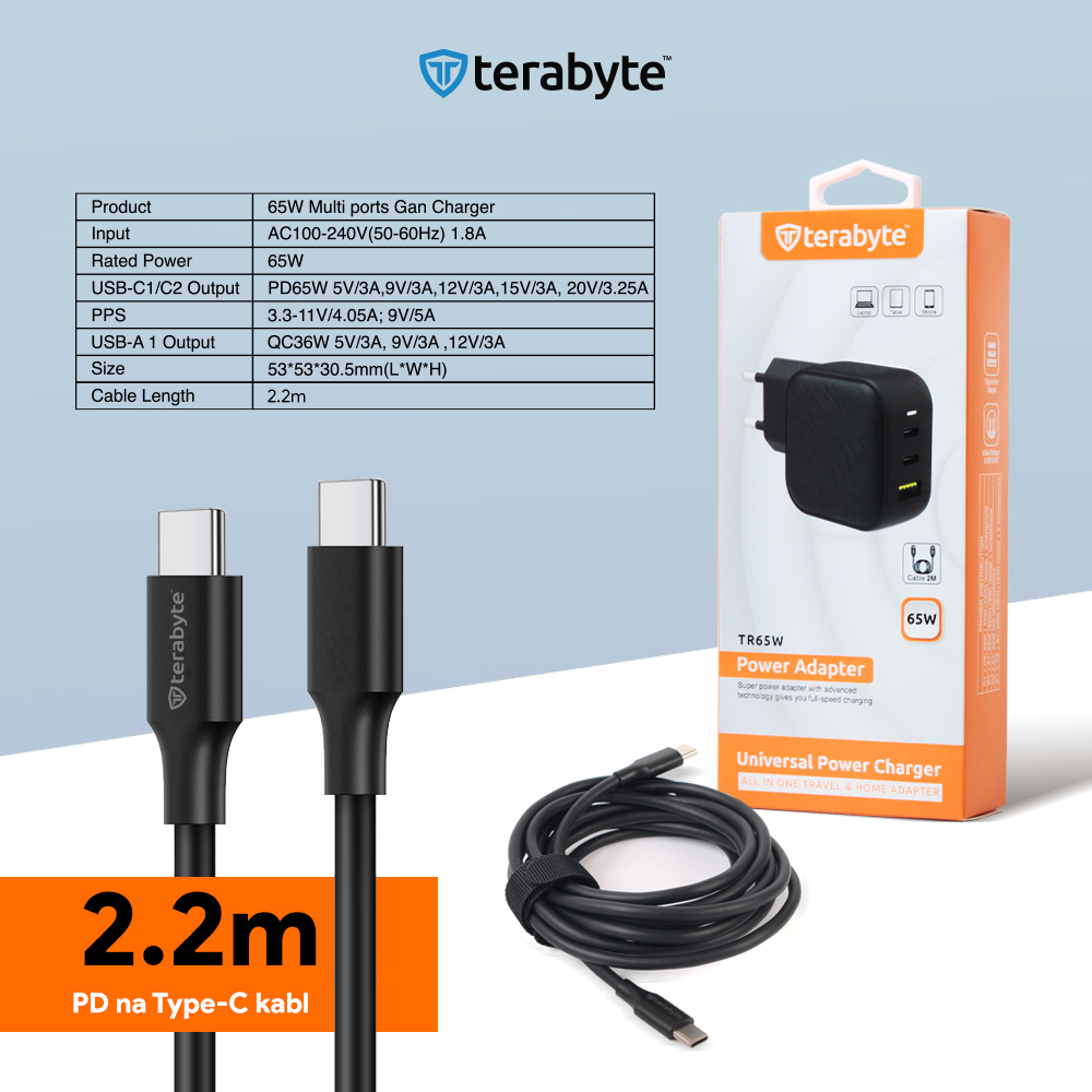 Punjac univerzalni Terabyte TR65W, GaN, PPS, PD 3.0, QC 3.0, 65W sa PD Type c kablom crni CE