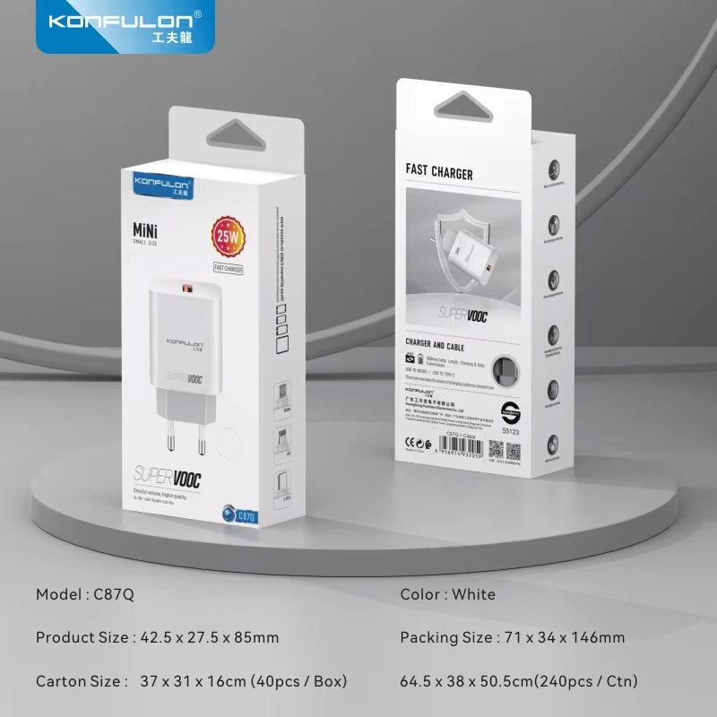 Kucni punjac KONFULON C87Q, 3A, 25W, sa Type C kablom beli