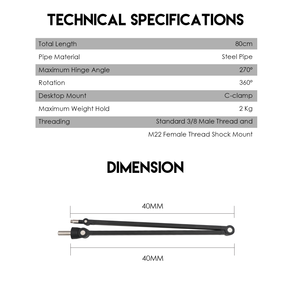Studijski stalak za mikrofon Fantech AC902s Microfone boom arm crni