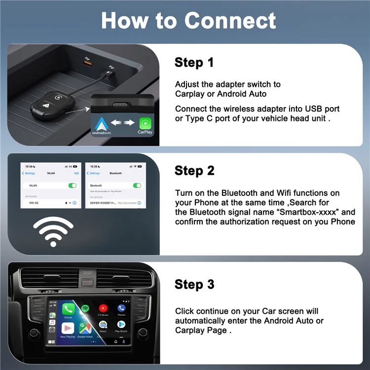 TechAdro Carplay Wireless Adapter za auto Andorid 2 u 1 USB, Type C crni