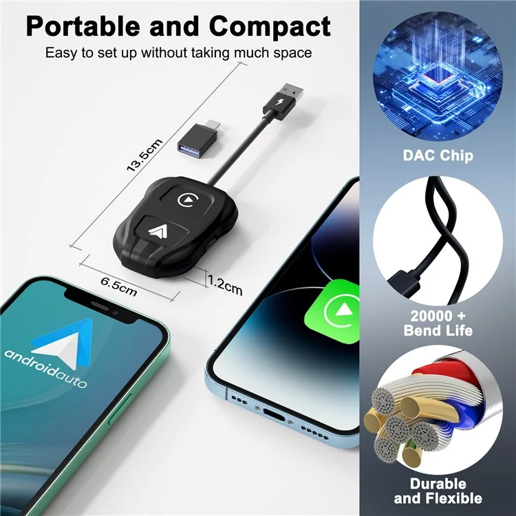 TechAdro Carplay Wireless Adapter za auto Andorid 2 u 1 USB, Type C crni