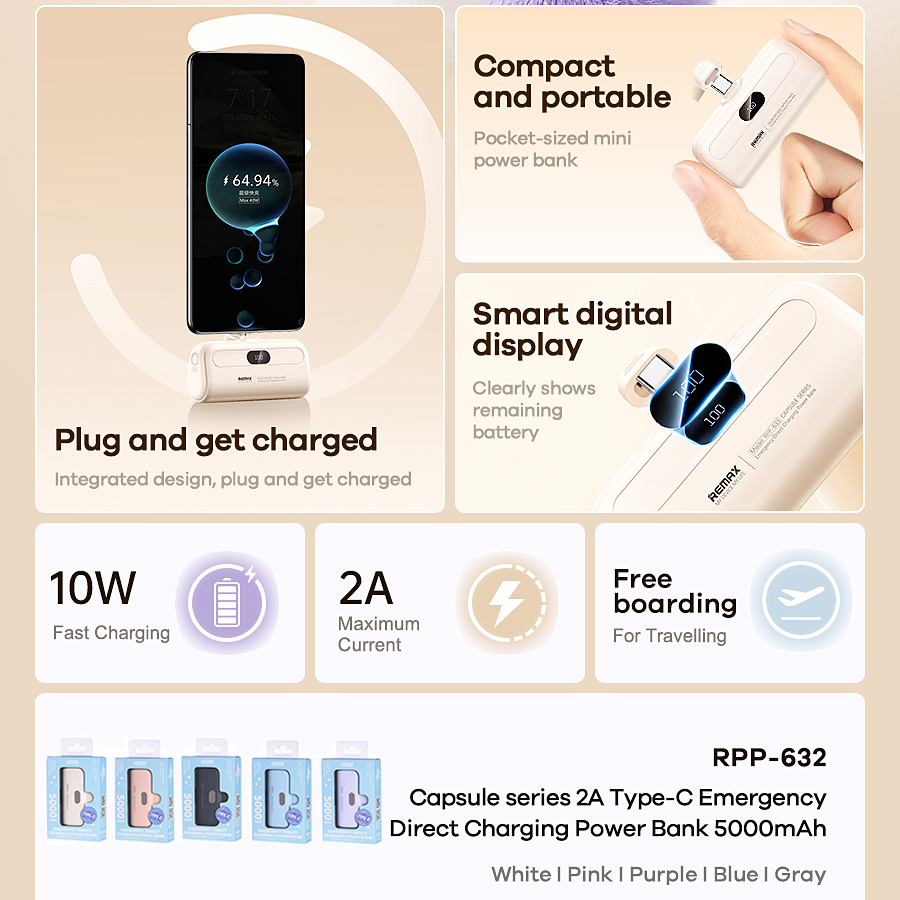 Power bank prenosiva baterija REMAX Capsule series RPP-632 2A Type C 5000mAh ljubicasta
