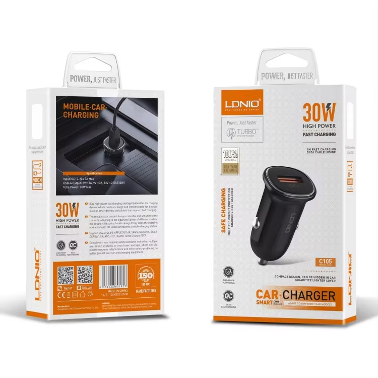 Auto punjac LDNIO C105, QC3.0, 30W USB Lightning crni