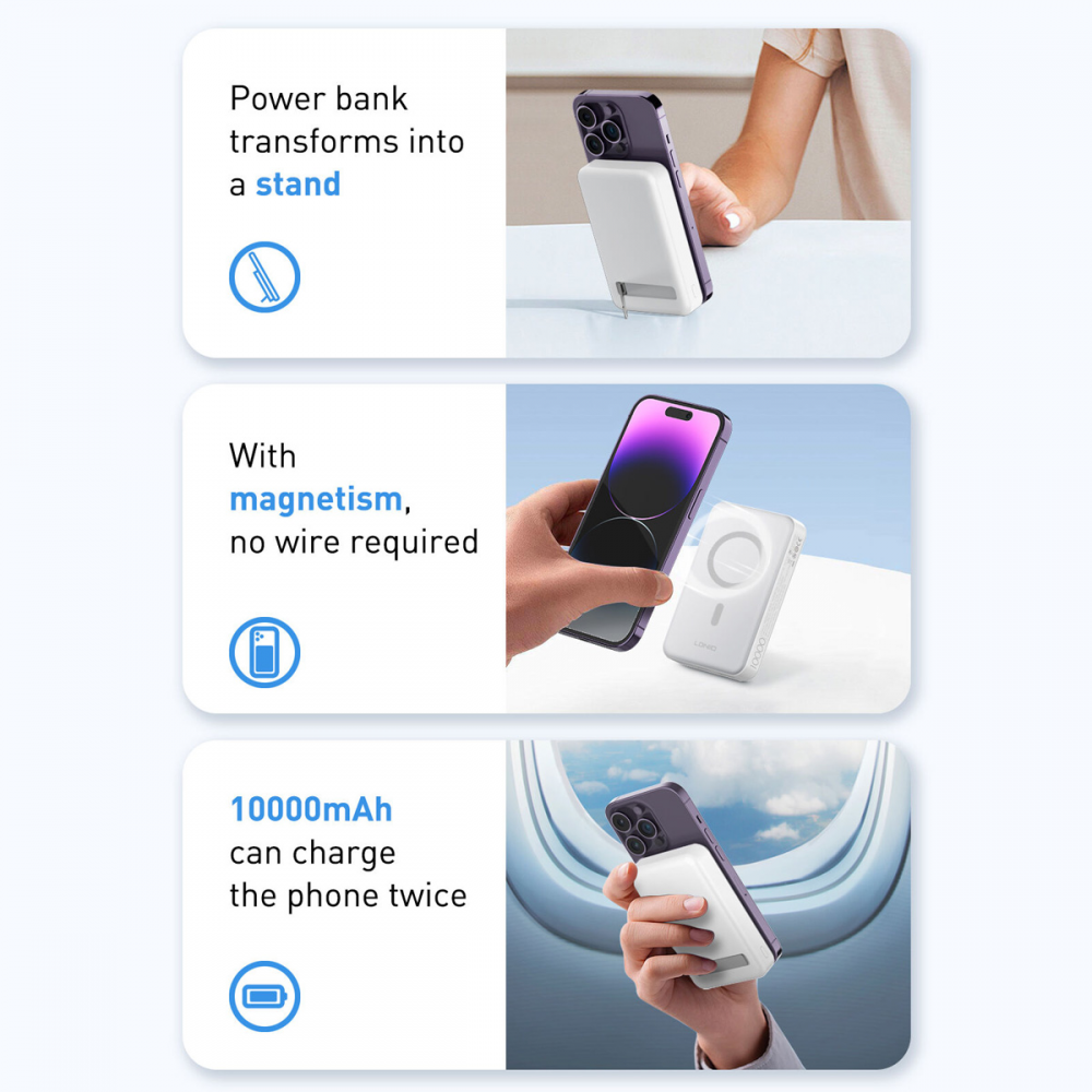 Back up baterija LDNIO PQ16 10000mAh, 15W wireless, sivo bela