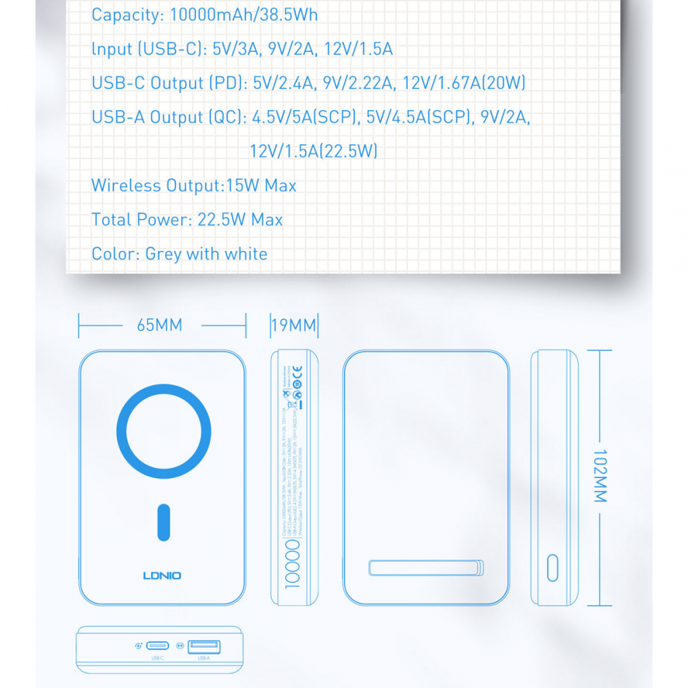 Back up baterija LDNIO PQ16 10000mAh, 15W wireless, sivo bela