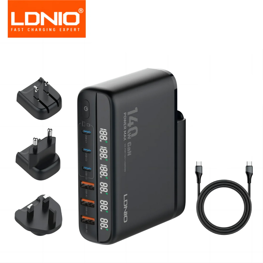 Kucni punjac sa adapterima LDNIO A6140C GaN PPS 3xQC3.0 (30W), 3xPD3.0 (100W), 140W Max, a Type C na Type C kablom crni