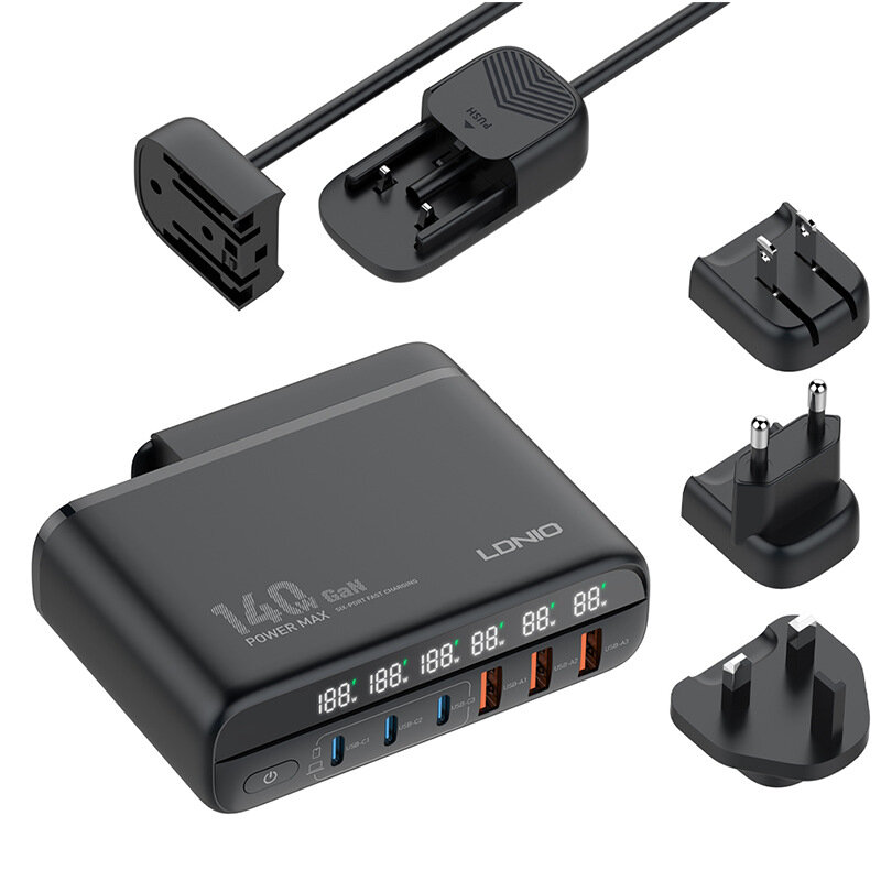 Kucni punjac sa adapterima LDNIO A6140C GaN PPS 3xQC3.0 (30W), 3xPD3.0 (100W), 140W Max, a Type C na Type C kablom crni