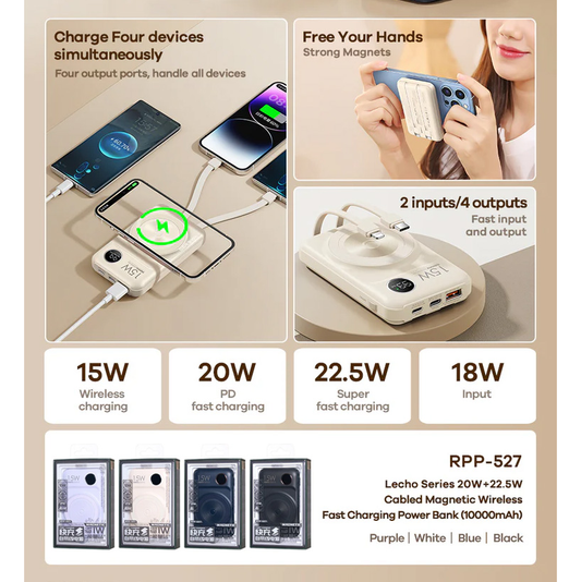 Power bank prenosiva baterija Magsafe REMAX Lecho Series RPP-527 PD 20W + QC 22.5W Fast Charging 10000mAh beli