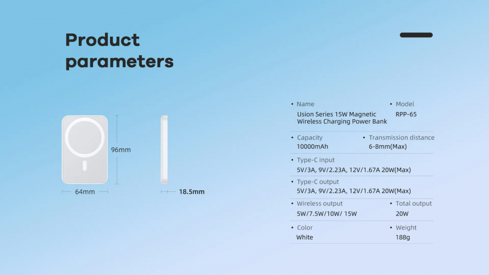 Power bank prenosiva baterija Magsafe REMAX Usion Series RPP-65 PD 20W + QC 15W Fast Charging 10000mAh pink