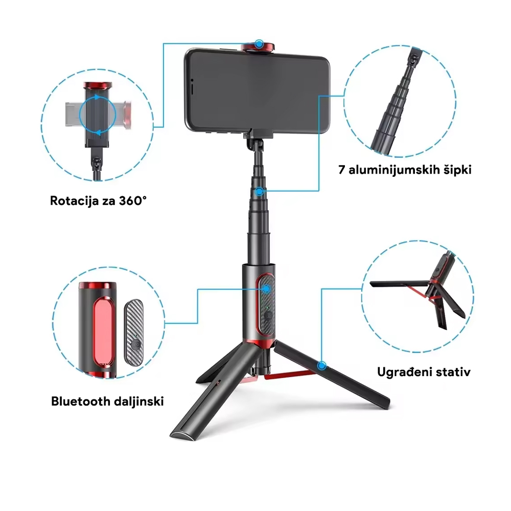Selfie stick M18 mini + tripod beli/roze