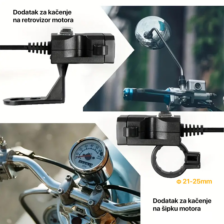 Adapter 2.1A vodootporni za motor 1.5m crni
