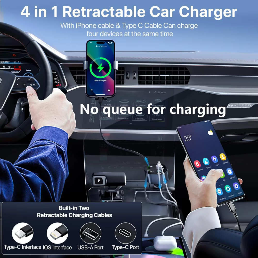Auto punjac C1 4u1 PD 3A, USB 2.4A 120W (total) sa Type C/lightning kablom tamno sivi