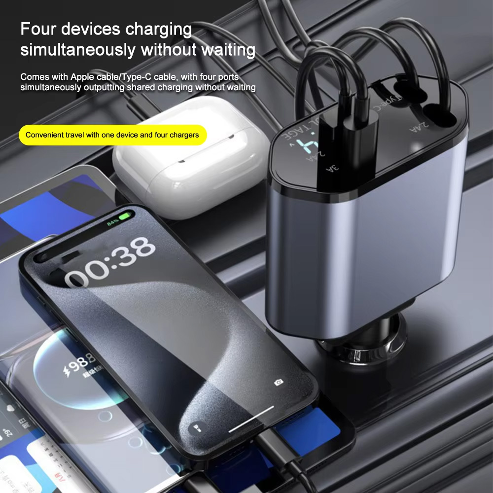Auto punjac C1 4u1 PD 3A, USB 2.4A 120W (total) sa Type C/lightning kablom tamno sivi