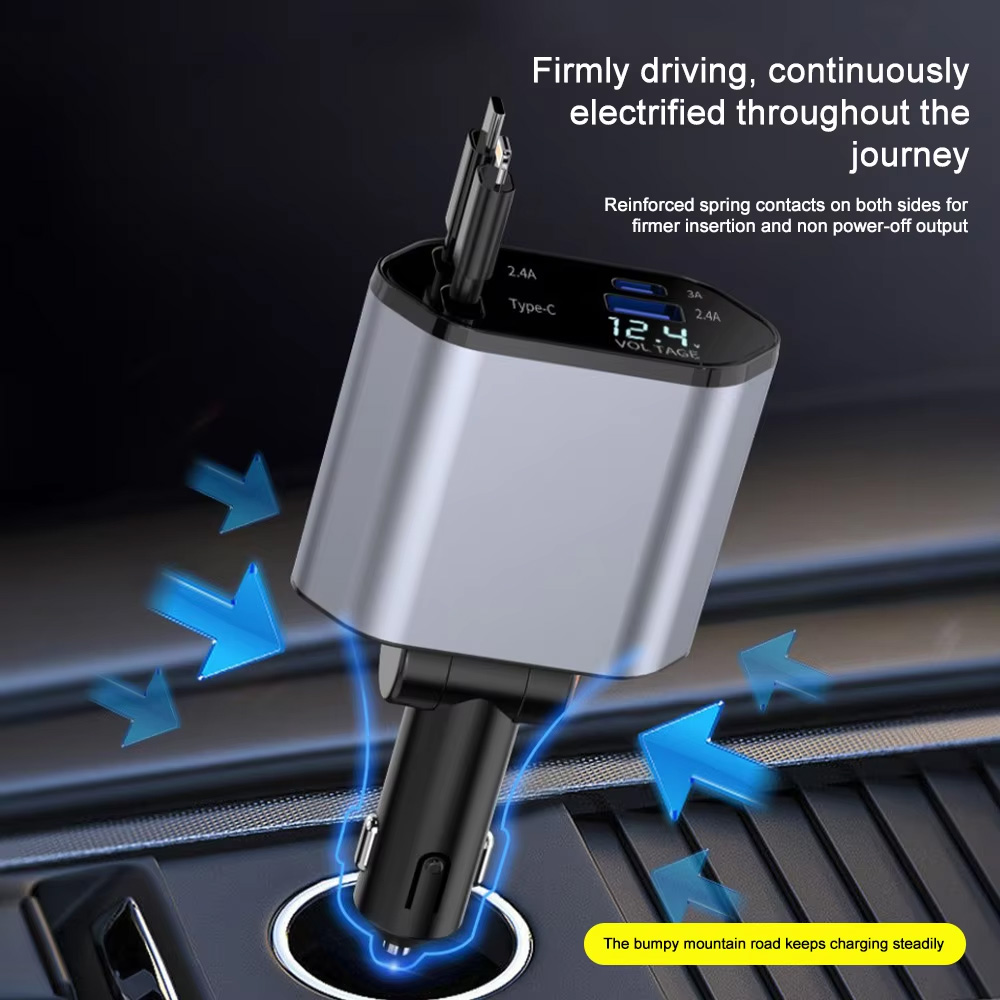Auto punjac C1 4u1 PD 3A, USB 2.4A 120W (total) sa Type C/lightning kablom tamno sivi