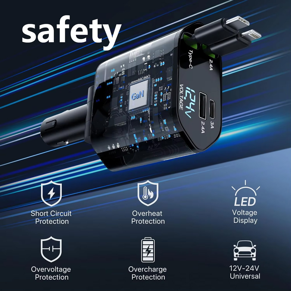Auto punjac C1 4u1 PD 3A, USB 2.4A 120W (total) sa Type C/lightning kablom tamno sivi