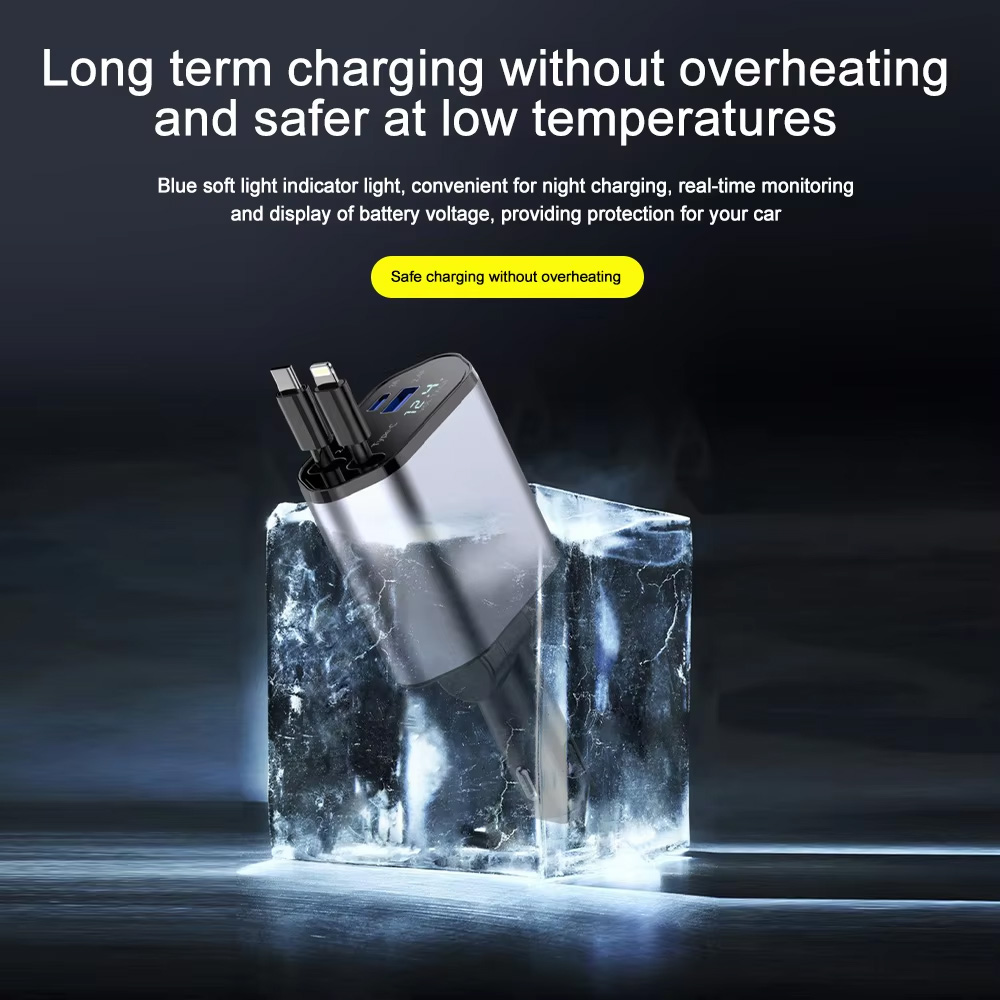 Auto punjac C1 4u1 PD 3A, USB 2.4A 120W (total) sa Type C/lightning kablom tamno sivi