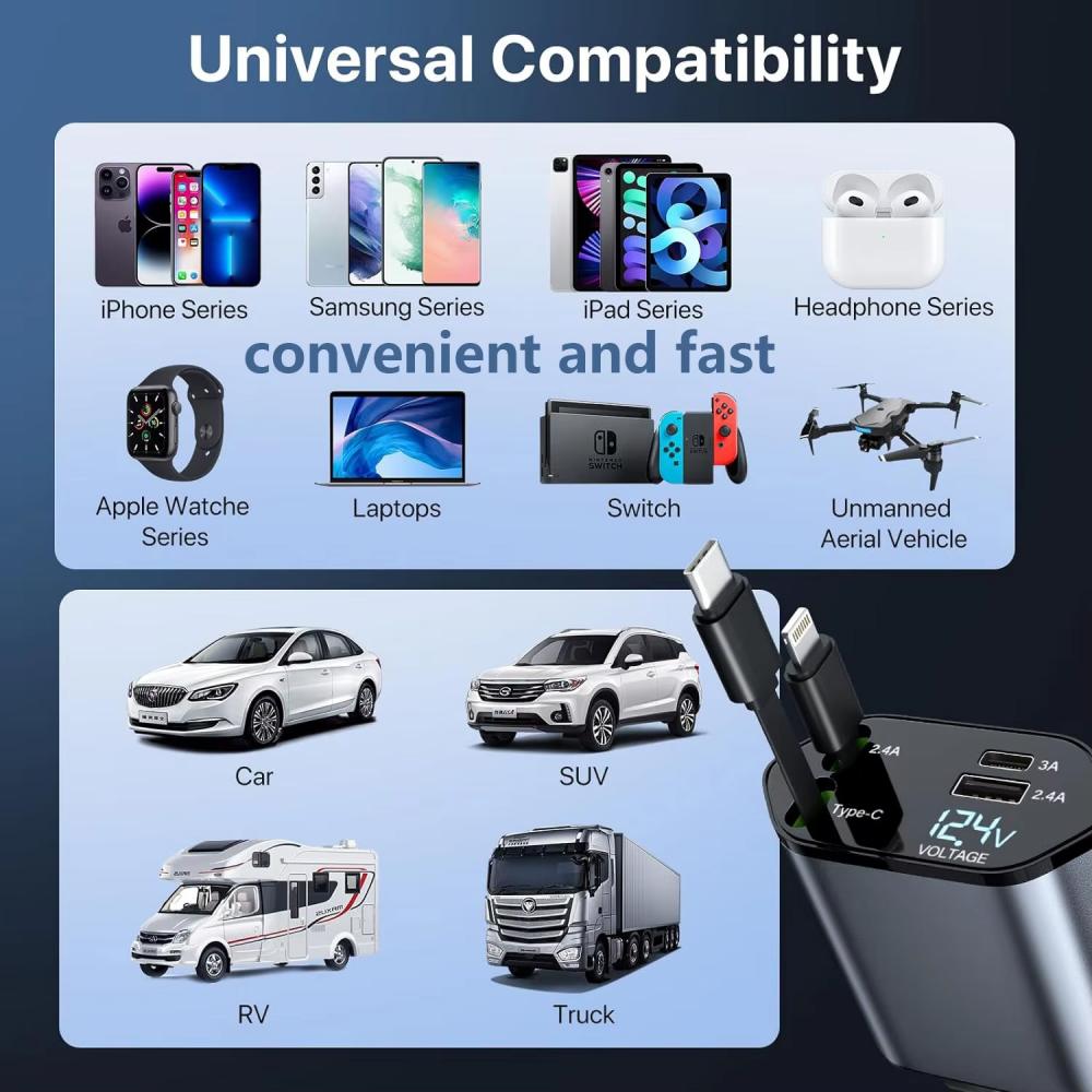 Auto punjac C1 4u1 PD 3A, USB 2.4A 120W (total) sa Type C/lightning kablom tamno sivi