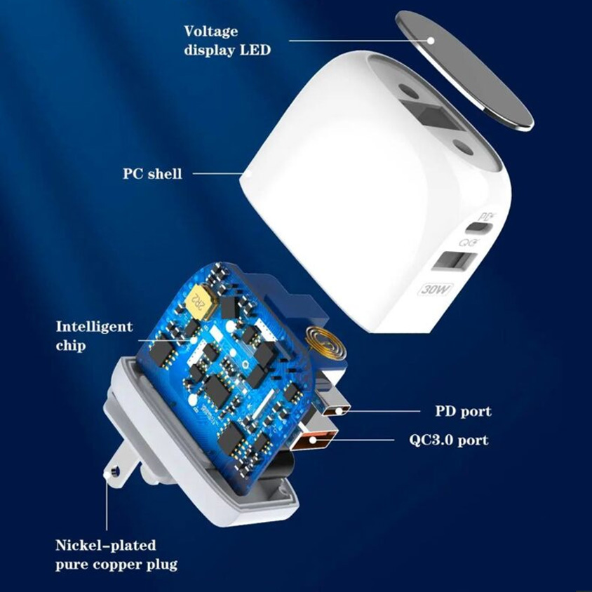 Kucni punjac LDNIO A2522C QC3.0, PD, PPS, LED Display, 30W sa Type C na iPhone lightning kablom beli